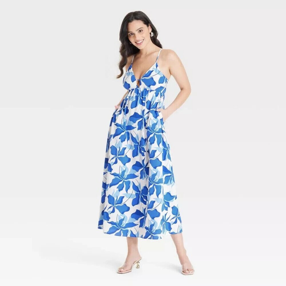 Women's NWOT A New Day Ruched Midi Blue Floral Dress Size Small‎
